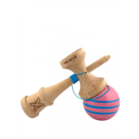 TeoMarket - Kendama X Originala, Profesionala, Flippy, Big Cups V2, Super Sticky Legendary Cupe Mari, Rulment Metalic cu Ata 55 cm, Roz/Linii Albastre deschise