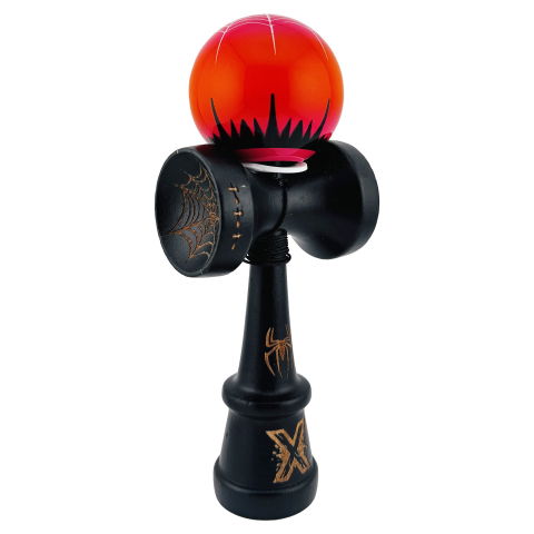 TeoMarket - Kendama X Originala, Profesionala, Flippy, BLACK Spider King, Super Sticky cu Cupe Mari KING SIZE V3, Gaura in Baza, Rulment Metalic, din lemn 18 cm, Ata 62/65 cm, Rosu/Negru