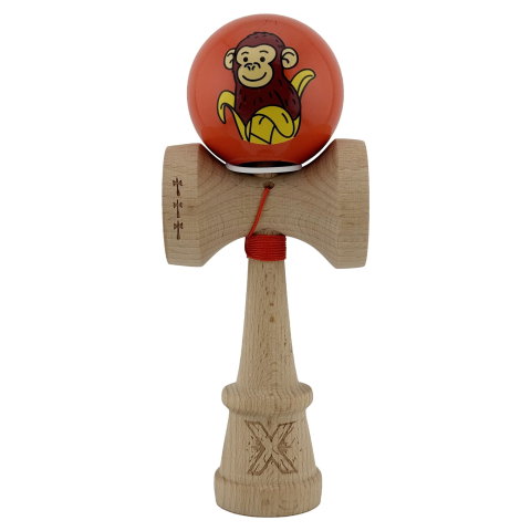 TeoMarket - Kendama X Originala, Profesionala, Flippy, Brown Monkey, Super Sticky cu Cupe Mari King Size V3, Rulment Metalic si Gaura in Baza, din Lemn 18 cm, Ata 62/65 cm, Rosu