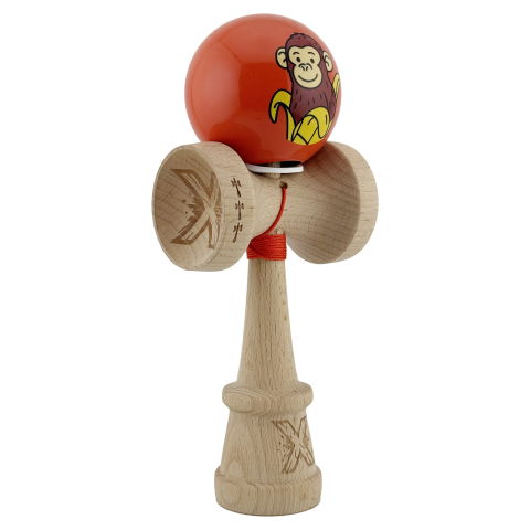TeoMarket - Kendama X Originala, Profesionala, Flippy, Brown Monkey, Super Sticky cu Cupe Mari King Size V3, Rulment Metalic si Gaura in Baza, din Lemn 18 cm, Ata 62/65 cm, Rosu