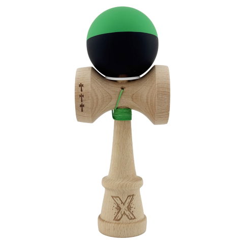 TeoMarket - Kendama X Originala, Profesionala, Flippy, Cupe Mari KING SIZE V3, Rubber Grip, Gaura in Baza, Rulment Metalic, din lemn 18 cm, Ata 62/65 cm, Bicolor Verde/Negru