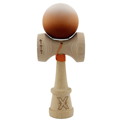 TeoMarket - Kendama X Originala, Profesionala, Flippy, Cupe Mari KING SIZE V3, Rubber Grip, Gaura in Baza, Rulment Metalic, din lemn 18 cm, Ata 62/65 cm, Gradient Alb/Maro