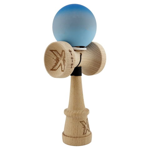 TeoMarket - Kendama X Originala, Profesionala, Flippy, Cupe Mari KING SIZE V3, Rubber Grip, Gaura in Baza, Rulment Metalic, din lemn 18 cm, Ata 62/65 cm, Gradient Albastru/Gri/Albastru deschis