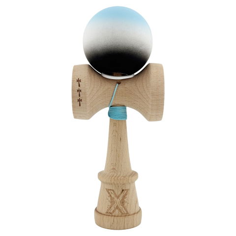 TeoMarket - Kendama X Originala, Profesionala, Flippy, Cupe Mari KING SIZE V3, Rubber Grip, Gaura in Baza, Rulment Metalic, din lemn 18 cm, Ata 62/65 cm, Gradient Albastru deschis/Alb/Negru