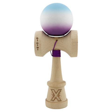 TeoMarket - Kendama X Originala, Profesionala, Flippy, Cupe Mari KING SIZE V3, Rubber Grip, Gaura in Baza, Rulment Metalic, din lemn 18 cm, Ata 62/65 cm, Gradient Albastru deschis/Alb/Mov