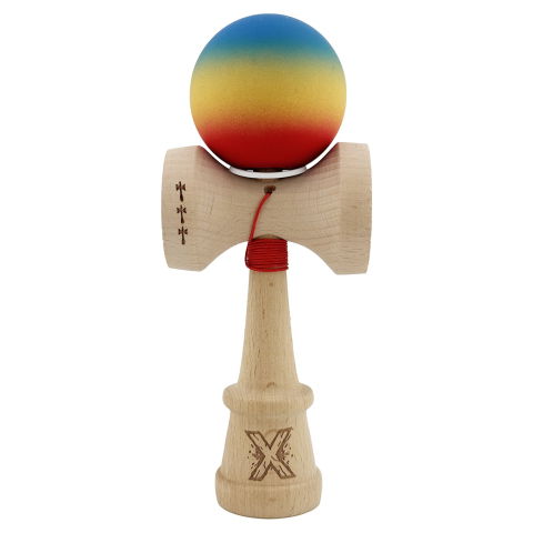 TeoMarket - Kendama X Originala, Profesionala, Flippy, Cupe Mari KING SIZE V3, Rubber Grip, Gaura in Baza, Rulment Metalic, din lemn 18 cm, Ata 62/65 cm, Gradient Albastru/Galben/Rosu