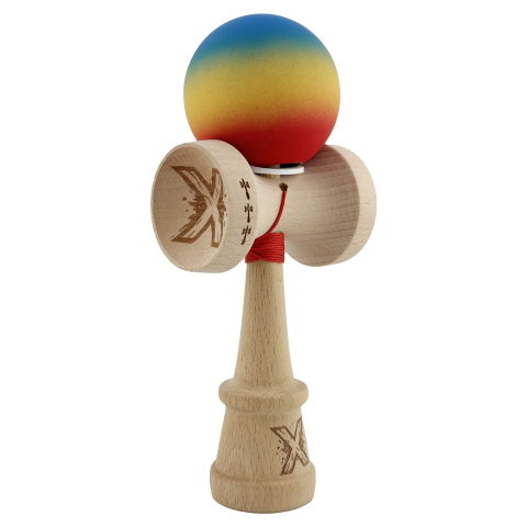 TeoMarket - Kendama X Originala, Profesionala, Flippy, Cupe Mari KING SIZE V3, Rubber Grip, Gaura in Baza, Rulment Metalic, din lemn 18 cm, Ata 62/65 cm, Gradient Albastru/Galben/Rosu