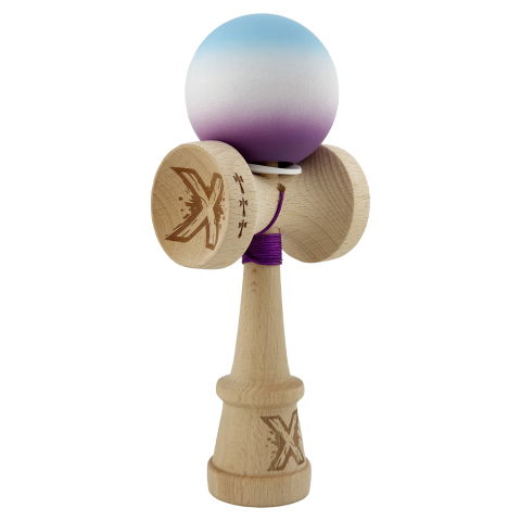 TeoMarket - Kendama X Originala, Profesionala, Flippy, Cupe Mari KING SIZE V3, Rubber Grip, Gaura in Baza, Rulment Metalic, din lemn 18 cm, Ata 62/65 cm, Gradient Albastru deschis/Alb/Mov