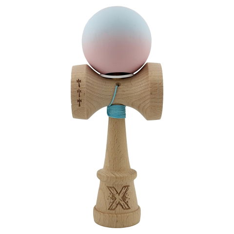 TeoMarket - Kendama X Originala, Profesionala, Flippy, Cupe Mari KING SIZE V3, Rubber Grip, Gaura in Baza, Rulment Metalic, din lemn 18 cm, Ata 62/65 cm, Gradient Albastru deschis/Roz