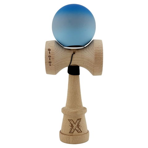 TeoMarket - Kendama X Originala, Profesionala, Flippy, Cupe Mari KING SIZE V3, Rubber Grip, Gaura in Baza, Rulment Metalic, din lemn 18 cm, Ata 62/65 cm, Gradient Albastru/Gri/Albastru deschis