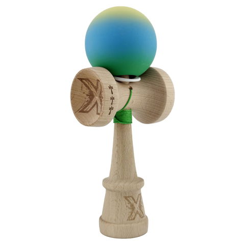 TeoMarket - Kendama X Originala, Profesionala, Flippy, Cupe Mari KING SIZE V3, Rubber Grip, Gaura in Baza, Rulment Metalic, din lemn 18 cm, Ata 62/65 cm, Gradient Galben/Albastru/Verde