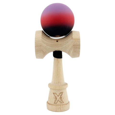 TeoMarket - Kendama X Originala, Profesionala, Flippy, Cupe Mari KING SIZE V3, Rubber Grip, Gaura in Baza, Rulment Metalic, din lemn 18 cm, Ata 62/65 cm, Gradient Mov/Rosu/Negru
