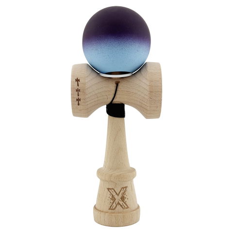 TeoMarket - Kendama X Originala, Profesionala, Flippy, Cupe Mari KING SIZE V3, Rubber Grip, Gaura in Baza, Rulment Metalic, din lemn 18 cm, Ata 62/65 cm, Gradient Negru/Albastru deschis