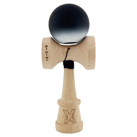 TeoMarket - Kendama X Originala, Profesionala, Flippy, Cupe Mari KING SIZE V3, Rubber Grip, Gaura in Baza, Rulment Metalic, din lemn 18 cm, Ata 62/65 cm, Gradient Negru/Alb
