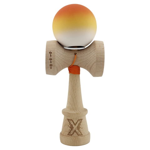 TeoMarket - Kendama X Originala, Profesionala, Flippy, Cupe Mari KING SIZE V3, Rubber Grip, Gaura in Baza, Rulment Metalic, din lemn 18 cm, Ata 62/65 cm, Gradient Portocaliu/Galben/Alb