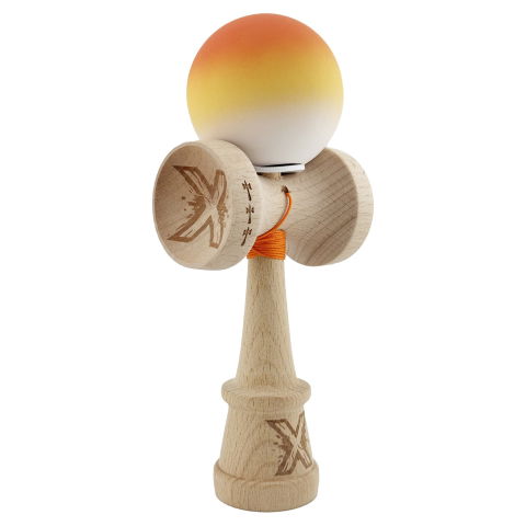 TeoMarket - Kendama X Originala, Profesionala, Flippy, Cupe Mari KING SIZE V3, Rubber Grip, Gaura in Baza, Rulment Metalic, din lemn 18 cm, Ata 62/65 cm, Gradient Portocaliu/Galben/Alb