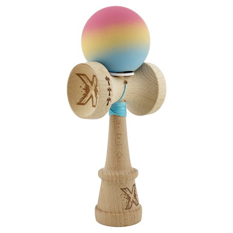 TeoMarket - Kendama X Originala, Profesionala, Flippy, Cupe Mari KING SIZE V3, Rubber Grip, Gaura in Baza, Rulment Metalic, din lemn 18 cm, Ata 62/65 cm, Gradient Roz/Galben/Albastru deschis