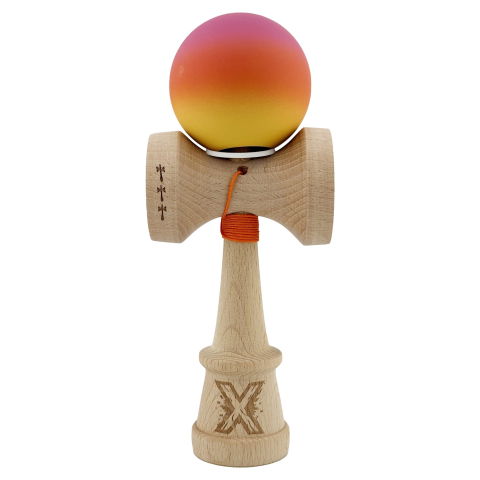 TeoMarket - Kendama X Originala, Profesionala, Flippy, Cupe Mari KING SIZE V3, Rubber Grip, Gaura in Baza, Rulment Metalic, din lemn 18 cm, Ata 62/65 cm, Gradient Roz/Rosu/Galben