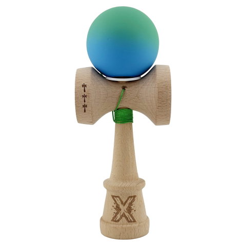 TeoMarket - Kendama X Originala, Profesionala, Flippy, Cupe Mari KING SIZE V3, Rubber Grip, Gaura in Baza, Rulment Metalic, din lemn 18 cm, Ata 62/65 cm, Gradient Verde/Albastru