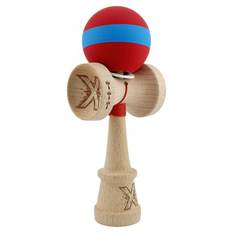 TeoMarket - Kendama X Originala, Profesionala, Flippy, Cupe Mari KING SIZE V3, Rubber Grip, Gaura in Baza, Rulment Metalic, din lemn 18 cm, Ata 62/65 cm, M Bicolor Rosu/Albastru