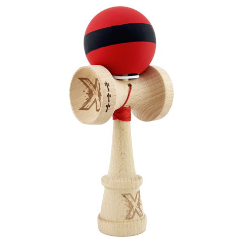 TeoMarket - Kendama X Originala, Profesionala, Flippy, Cupe Mari KING SIZE V3, Rubber Grip, Gaura in Baza, Rulment Metalic, din lemn 18 cm, Ata 62/65 cm, M Bicolor Rosu Dublu/Negru