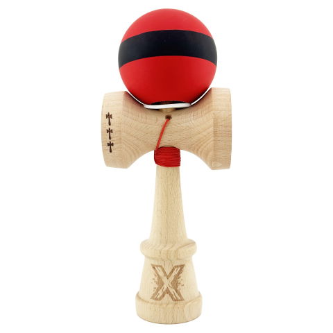 TeoMarket - Kendama X Originala, Profesionala, Flippy, Cupe Mari KING SIZE V3, Rubber Grip, Gaura in Baza, Rulment Metalic, din lemn 18 cm, Ata 62/65 cm, M Bicolor Rosu Dublu/Negru