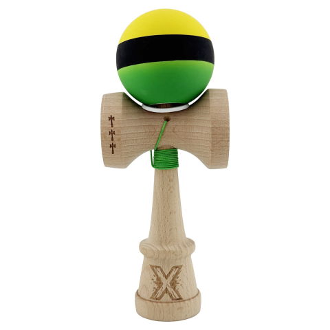 TeoMarket - Kendama X Originala, Profesionala, Flippy, Cupe Mari KING SIZE V3, Rubber Grip, Gaura in Baza, Rulment Metalic, din lemn 18 cm, Ata 62/65 cm, M Galben/Negru/Verde