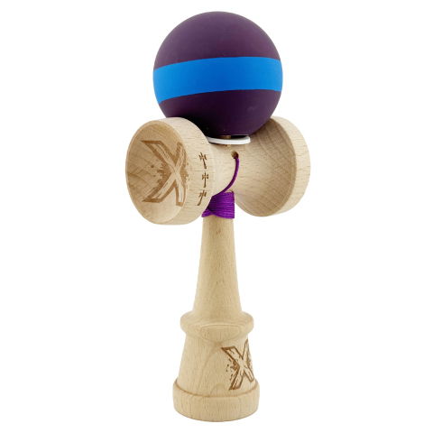 TeoMarket - Kendama X Originala, Profesionala, Flippy, Cupe Mari KING SIZE V3, Rubber Grip, Gaura in Baza, Rulment Metalic, din lemn 18 cm, Ata 62/65 cm, M Mov/Albastru/Mov