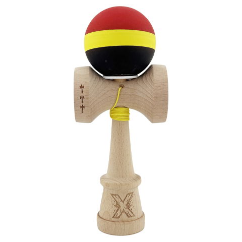 TeoMarket - Kendama X Originala, Profesionala, Flippy, Cupe Mari KING SIZE V3, Rubber Grip, Gaura in Baza, Rulment Metalic, din lemn 18 cm, Ata 62/65 cm, M Rosu/Galben/Negru