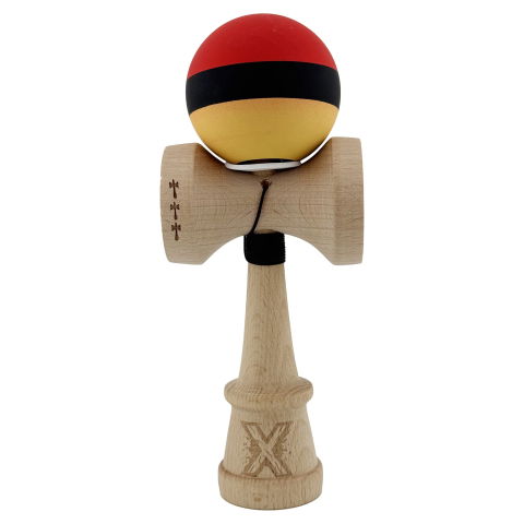 TeoMarket - Kendama X Originala, Profesionala, Flippy, Cupe Mari KING SIZE V3, Rubber Grip, Gaura in Baza, Rulment Metalic, din lemn 18 cm, Ata 62/65 cm, M Rosu/Negru/Galben
