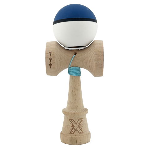 TeoMarket - Kendama X Originala, Profesionala, Flippy, Cupe Mari KING SIZE V3, Rubber Grip, Gaura in Baza, Rulment Metalic, din lemn 18 cm, Ata 62/65 cm, S Bicolor Albastru inchis/Alb