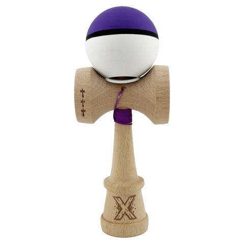 TeoMarket - Kendama X Originala, Profesionala, Flippy, Cupe Mari KING SIZE V3, Rubber Grip, Gaura in Baza, Rulment Metalic, din lemn 18 cm, Ata 62/65 cm, S Bicolor Violet/Alb