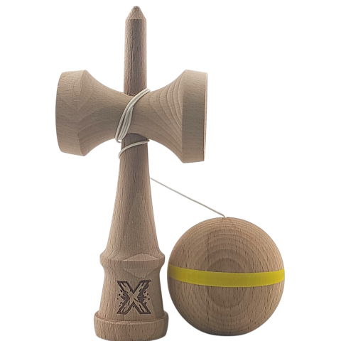 50 - 100 LEI - Kendama X Originală, Profesională, Flippy, din Lemn, 18 cm, cu Dunga, Galben, Lemn