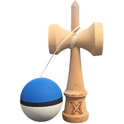 50 - 100 LEI - Kendama X Originala, Profesionala, Flippy, din Lemn, 18 cm, Rubber Grip, Albastru/Negru/Alb