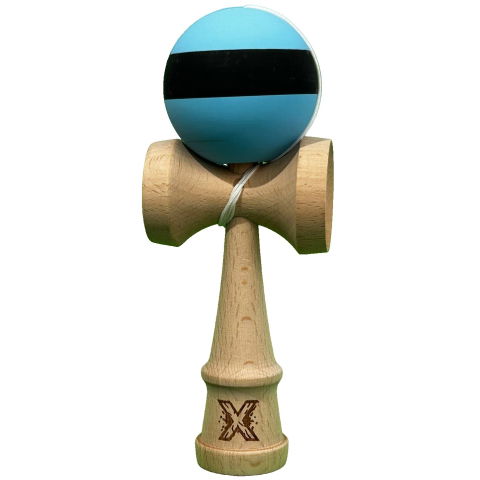 50 - 100 LEI - Kendama X Originala, Profesionala, Flippy, din Lemn, 18 cm, Rubber Grip, Dungi Albastru/Negru