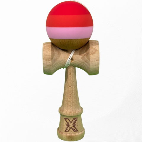 50 - 100 LEI - Kendama X Originala, Profesionala, Flippy, din Lemn, 18 cm, Rubber Grip, Rosu inchis/Rosu/Alb