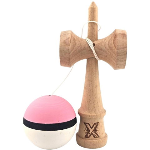 50 - 100 LEI - Kendama X Originala, Profesionala, Flippy, din Lemn, 18 cm, Rubber Grip, Roz/Negru/Alb