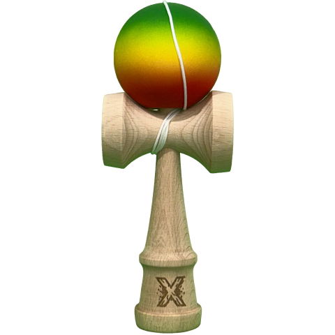 50 - 100 LEI - Kendama X Originala, Profesionala, Flippy, din Lemn cu Bila Cauciucata, 18 cm, Gradient Verde/Galben/Rosu