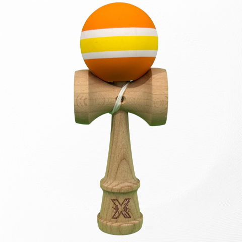 50 - 100 LEI - Kendama X Originala, Profesionala, Flippy, din Lemn cu Bila cu Invelis din Cauciuc, 18 x 6 x 7 cm, Rubber Grip, Portocaliu/Galben/Alb