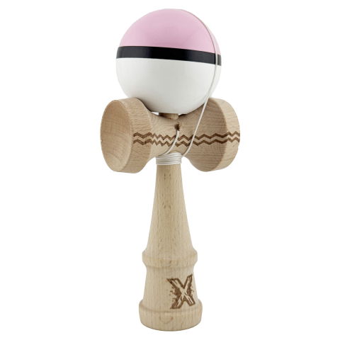 50 - 100 LEI - Kendama X Originala, Profesionala, Flippy, din Lemn, Gravata, 18 cm, Super Sticky, Roz/Negru/Alb