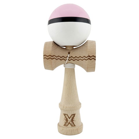 50 - 100 LEI - Kendama X Originala, Profesionala, Flippy, din Lemn, Gravata, 18 cm, Super Sticky, Roz/Negru/Alb