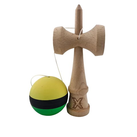 50 - 100 LEI - Kendama X Originala, Profesionala, Flippy, din Lemn, Rubber Grip, 18 cm, Galben/Negru/Verde