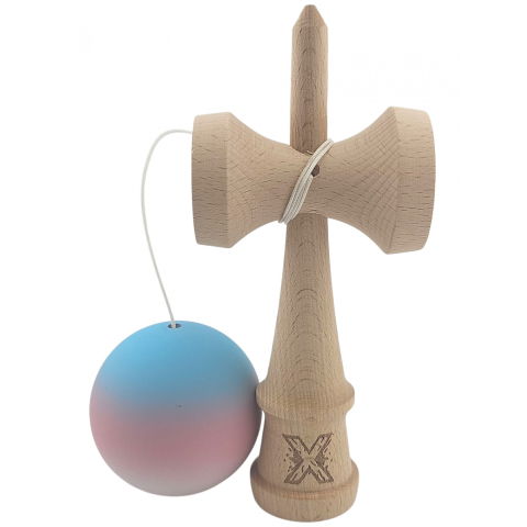 50 - 100 LEI - Kendama X Originala, Profesionala, Flippy, din Lemn, Rubber Grip, 18 cm, Gradient Albastru/Roz/Alb