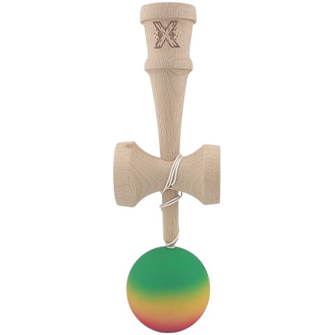 50 - 100 LEI - Kendama X Originala, Profesionala, Flippy, din Lemn, Rubber Grip, 18 cm, Gradient Verde/Galben/Rosu