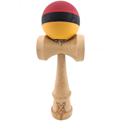 50 - 100 LEI - Kendama X Originala, Profesionala, Flippy, din Lemn, Rubber Grip, 18 cm, Rosu/Negru/Galben