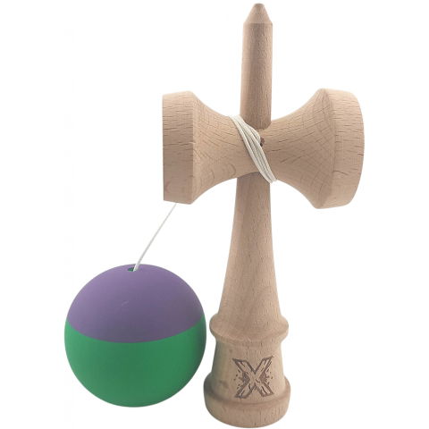 50 - 100 LEI - Kendama X Originala, Profesionala, Flippy, din Lemn, Rubber Grip, 18 cm, Verde/Mov