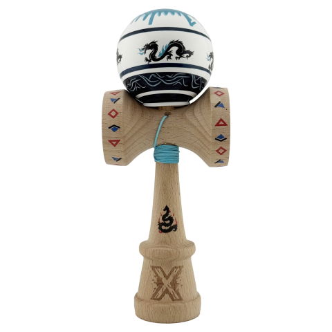 TeoMarket - Kendama X Originala, Profesionala, Flippy, DRAGON Series, Super Sticky cu Cupe Mari King Size V3, Rulment Metalic si Gaura in Baza, din Lemn 18 cm, Ata 62/65 cm, Albastru/Negru