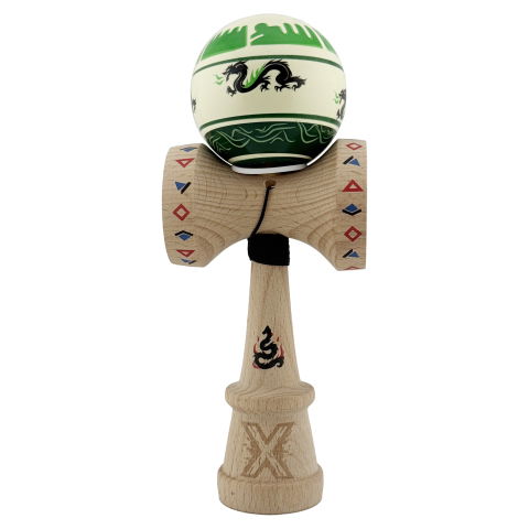 TeoMarket - Kendama X Originala, Profesionala, Flippy, DRAGON Series, Super Sticky cu Cupe Mari King Size V3, Rulment Metalic si Gaura in Baza, din Lemn 18 cm, Ata 62/65 cm, Verde deschis/Negru
