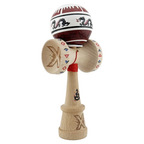 TeoMarket - Kendama X Originala, Profesionala, Flippy, DRAGON Series, Super Sticky cu Cupe Mari King Size V3, Rulment Metalic si Gaura in Baza, din Lemn 18 cm, Ata 62/65 cm, Alb/Rosu inchis