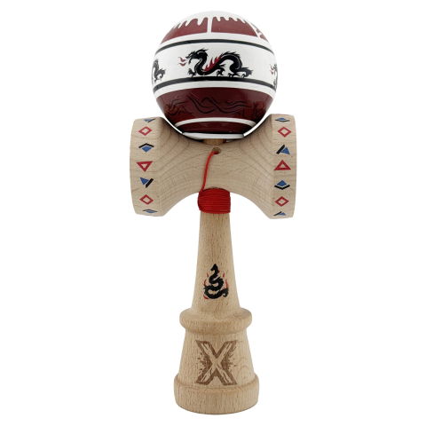 TeoMarket - Kendama X Originala, Profesionala, Flippy, DRAGON Series, Super Sticky cu Cupe Mari King Size V3, Rulment Metalic si Gaura in Baza, din Lemn 18 cm, Ata 62/65 cm, Alb/Rosu inchis
